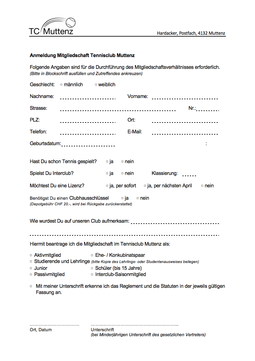 Anmeldung Clubmitgliedschaft SS