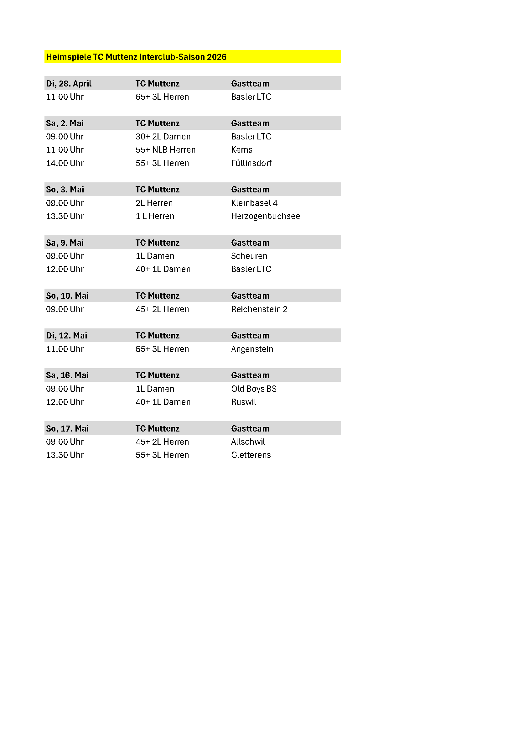 Spielplan Interclub 2026