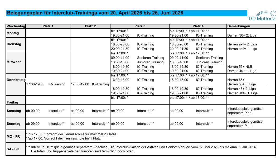 Trainingsplan Platzbelegung 2026