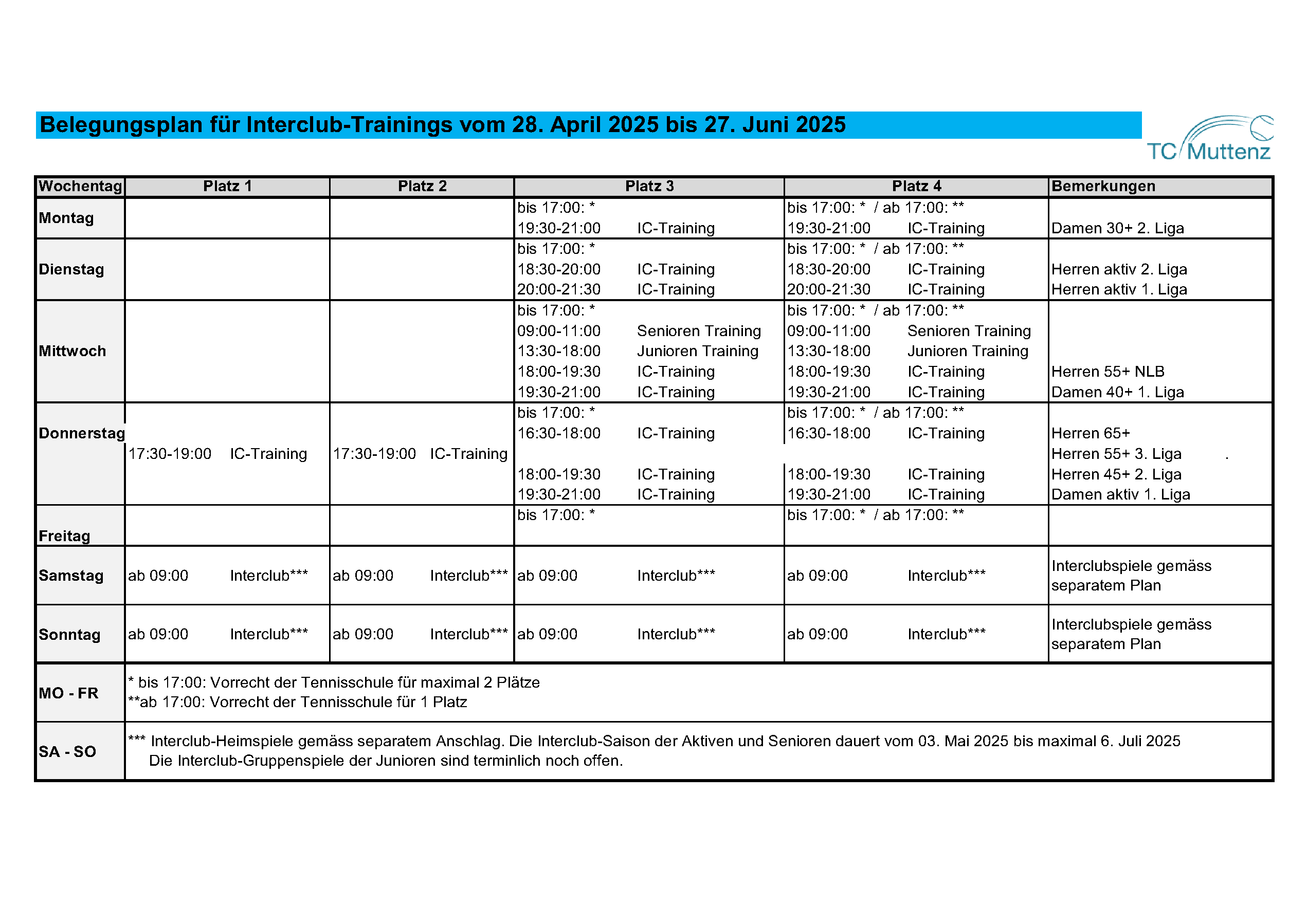 Trainingsplan Platzbelegung 2025